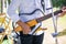 guitarist plays.chord on an electric guitar.Close up of an electric guitar being played