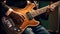 The guitarist skilled fingers pluck the strings of his guitar generated by AI