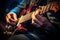 guitarists fingers pressing down on frets, guitar strings in focus