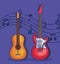 guitars instruments with treble clef and quaver with beam notes