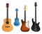 Guitars. Realistic musical instruments sound making items rock and acoustic guitars vector collection
