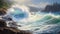 Gulf Of Alaska Waves Crashing On Waimea Bay Shore Painting In Zohar Flax Style
