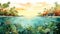 Gulf Of Indonesia Watercolor Illustration With Tropical Landscape And Coral Fish