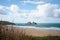 Gull or Carters`s Rocks, Holywell Bay near Newquay, Cornwall. Iconic twin islets with moody sky background