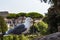 Gull on the outlook with Colosseum. Seagull watching Rome with Colosseum. Bird in the Roman Forum, the historic city center, Roma,