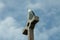 Gull sitting on cross with blue sky and clouds