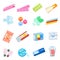 Gum icons set cartoon vector. Chewing bubble