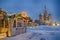 GUM-Market Booth and Sant. Basilâ€™s Cathedral in Morning Twilight in Snow