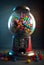 Gumball machine. Transparent round glass candy dispenser with colorful bubble gum.