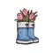 Gumboots or wellies with tulips flowers cartoon vector illustration isolated.