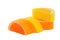 Gummy candies shaped like lemon and orange slices on white background