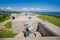 Gun of coastal batterie in Vladivostok fortress and Cable-stayed bridge. Island of Russian, Vladivostok, Russia