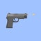 Gun firing bullet isolated on blue background. Pistol shot.