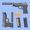 Gun with silencer, magazine and cartridges. Automatic pistol in flat style. Vector illustration.
