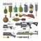 Gun vector military weapon grenade-gun army handgun and war automatic firearm or rifle with bullet illustration set of