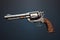 A gun with a wooden handle on a blue background. Generative AI image. Stop gun violence.