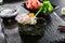 Gunkan with crab meat and masago caviar. Asian cuisine restaurant dish, menu item. Traditional oriental food, national japanese co