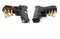 Guns and bullets , Semi automatic pistol handguns with ammunitions on white isolated background