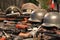 Guns and war helmets