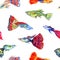 Guppy aquarium fish seamless pattern on white background, watercolor