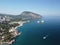 GURZUF, CRIMEA - Aerial Panoramic view on Gurzuf bay with Bear mountain Ayu-Dag and rocks Adalary, Artek - oldest