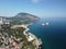 GURZUF, CRIMEA - Aerial Panoramic view on Gurzuf bay with Bear mountain Ayu-Dag and rocks Adalary, Artek - oldest