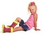 Gute little blond girl is sitting in rubber boots isolated.