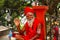 Guwahati, Assam, India, September 2016, Sadhu in saffron offering blessings, Umananda Temple