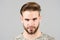 Guy with bearded face, stylish hair, haircut, barber salon