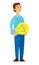 Guy with big yellow light bulb in his hands. Idea, motivation, creativity. Flat vector illustration.