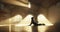 A guy in a black sports uniform is doing exercises to strengthen the muscles of the back in the Sunny Hall. The rays of