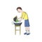 Guy, boy man washes clothes. Vector color illustration.