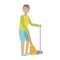 Guy With Broom And Duster Sweeping The Floor, Cartoon Adult Characters Cleaning And Tiding Up