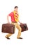 Guy carrying very heavy travel bags and gesturing