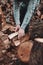 Guy in checkered shirt collects firewood