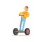 Guy With Cool Haircut In Yellow Sweater Riding Electric Self-Balancing Battery Powered Personal Electric Scooter Cartoon