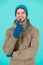 Guy feel warm and comfortable. male knitwear fashion. men knitted cloth and accessory. male blue background. poor