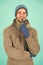 Guy feel warm and comfortable. male knitwear fashion. men knitted cloth and accessory. male blue background. poor