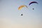 Guy flying on the clearly blue sky and wonderful beach by paramotor red kite,extreme activity port. feel freedom like birds.
