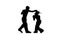 Guy with a girl in helmets and boxing gloves beating in the ring . Silhouette. White background