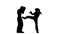 Guy with a girl in helmets and kickboxing gloves beating in the ring . Silhouette. White background