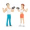 Guy and girl hold in dumbbell hand