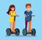 Guy and girl ride electric scooter