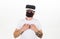 Guy with head mounted display enjoy virtual reality. Virtual cinema concept. Man with beard in VR glasses enjoy watching