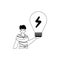 The Guy is holding a lightly bulb . estimate concept . bootleg and White linear style. Trendy style, Vector Illustration