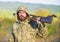 Guy hunting nature environment. Bearded hunter rifle nature background. Harvest animals typically restricted. Hunting