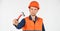 Guy knoking hammer professional master repair wear helmet uniform, good tools concept