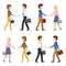 Guy, lady hands shaking, walking vector. Side view office man, woman meeting, negotiation, successful teamwork cartoon character