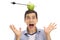 Guy looking at apple pierced by arrow on his head