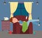 Guy or man sleeping in chair, relaxing at home. Reading, drinking coffee. Stay home. Flat image
